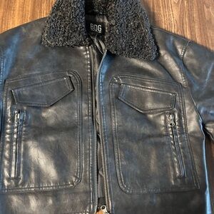 BDG Black Faux Leather Bomber Jacket with Shearling Collar